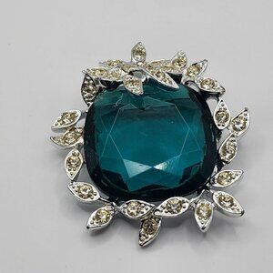 Vintage Sarah Coventry Brooch Green Glass, Rhinestone Silver Tone